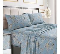 Tribeca Living Juego de sábanas de satén de algodón Suave con Estampado Floral, Bolsillo extraprofundo, 300 Hilos, Juego de sábanas de 4 Piezas, tamaño California King, Color Azul Marino Colmar/Multi