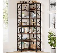 Tribesigns Estantería esquinera, estantería Alta, Estante de Esquina Grande Industrial, Estante de Esquina de pie con Marco de Metal para Sala de Estar, hogar, Oficina (marrón rústico) (7 estantes)