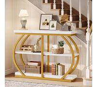 Tribesigns Mesa consola de 41.3 pulgadas, mesa de entrada industrial de 3 niveles con marco de metal arqueado y estantes de almacenamiento para sala de estar, pasillo, oro blanco
