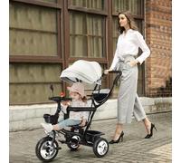 Triciclo 4 en 1 para bebé, bicicleta para bebé, bicicleta evolutiva, triciclo infantil evolutivo con parasol plegable y caña de padre/gris claro
