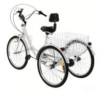 Triciclo Adulto 24 Pulgadas para Ancianos, Bicicleta de 3 Ruedas con Cesta Trasera, Asiento Cómodo y Respaldo, Trike Estable para Compras y Ejercicio White