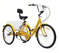 Triciclo Adulto 24 Pulgadas para Ancianos, Bicicleta de 3 Ruedas con Cesta Trasera, Asiento Cómodo y Respaldo, Trike Estable para Compras y Ejercicio Yellow