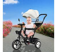 Triciclo bebé con asiento reversible, 9 meses a 5 años, gran parasol + bastón, reposapiés ajustable y retráctil, cesta de gran capacidad (gris)