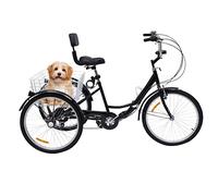 Triciclo de 24 pulgadas para adultos, 7 velocidades, plegable, color negro, con respaldo y cesta de la compra, carga de 95 kg, soporte para bebidas y faros para ciudades, playas, carriles bici y todo