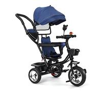 Triciclo de bebé escalable 4 en 1, triciclo de bebé escalable con mango de empuje ajustable, bastón, campana y espejos, arnés de seguridad de 9 meses a 5 años, bicicleta bebe (azul)