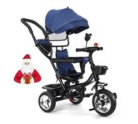 Triciclo de bebé escalable, triciclo infantil, 5 en 1, neumáticos de goma a prueba de explosiones y toldo ajustable y varilla Push-Pull, con cesta y bolsa de almacenamiento (azul)