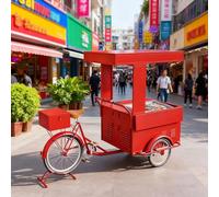Triciclo de venta móvil con vitrina, paraguas y almacenamiento para venta de aperitivos en parques infantiles callejeros