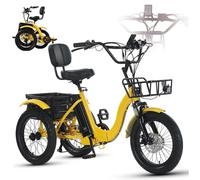 Triciclo Eléctrico para Adultos con Ruedas Anchas De 18", E-Trike Plegable De 3 Ruedas, Pantalla + Faro Delantero, Cesta Delantera, Portaequipajes Trasero, Scooter De Compras Yellow