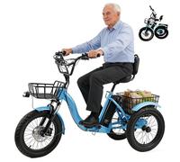 Triciclo eléctrico Plegable para Adultos, batería de 48 V y 13 Ah, autonomía de 44 km, neumáticos de 18x3.0, Faro LED, claxon, cestas Delantera y Trasera, Color Azul.