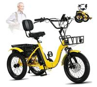 Triciclo Eléctrico, Triciclo Plegable para Adultos De 18 X 3,0 Pulgadas, 7 Velocidades, Batería De 48v/13ah, Cesta Delantera Y Trasera, Trike De Carga Eléctrico para Personas Mayores Yellow