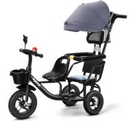 Triciclo Infantil 4 en 1 Doble plazas Bicicleta Infantil de 3 Ruedas con empuñadura/Cubierta/barandilla extraíble Bicicleta Cruiser con Asiento para Pasajero de 2 a 8 años