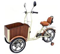 Triciclo para adultos con caja de carga delantera de madera, bicicleta de tres ruedas, sistema de frenos de disco en todas las ruedas, ajustable sillín de espuma con respaldo, para paseo de mascotas