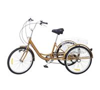 Triciclo para adultos de 24 pulgadas con cambio de 6 velocidades y cesta, bicicleta dorada para adultos, 3 ruedas Trike Cruiser para ocio, compras y paseos por la ciudad (dorado)
