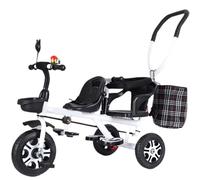 Triciclo tándem de dos asientos, triciclo con ruedas de titanio, cochecito de empuje con barra de empuje, asiento trasero con cinturón y apoyabrazos, frenos de pie en las ruedas traseras