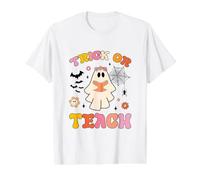 Trick or Teach Groovy Halloween Retro Ghost Teacher Profesora Mujer Camiseta gráfica económica, Hombre, Blanco, L