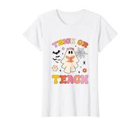 Trick or Teach Groovy Halloween Retro Ghost Teacher Profesora Mujer Camiseta gráfica económica, Mujer, Blanco, L