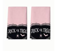 Trick or Treats - Juego de 2 toallas de cocina, diseño de murciélago de araña, Halloween, melocotón, absorbentes, suaves, para cocina, fregadero, encimera, lavaplatos, 16 x 24 pulgadas