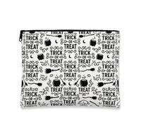 Trick or Treats - Lienzo con cremallera, diseño de escoba de caldero juguetón de Halloween, lona negra con cremallera, bolsa de maquillaje para viajes, tocador, baño, almacenamiento de bolsos y uso