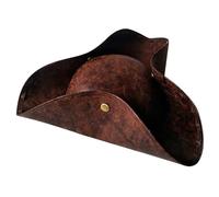 Tricorn Hat Faux Faux Leather Halloween Pirate Hat unisex con botón seguro cómodo con sombrero colonial para adultos, Regalo de disfraces de guerra revolucionaria para niños (marrón), sombrero coloni