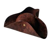 Tricorn Hat Faux Faux Leather Halloween Pirate Hat Unisex con botón seguro CON CONDUCCIÓN CON COLONIAL PARA ACELTOS, Regalo de disfraces de guerra revolucionaria para niños (marrón)