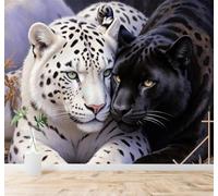 Tridimensional Animales Un Leopardo De Las Nieves Blanco Y Leopardo Negro Abrazados Con Fuerza 3D Papel Pintado Pared Premium Textura Seda Estudio Comedor Vinilos Dormitorio Sofás Cocina-300cm×210cm