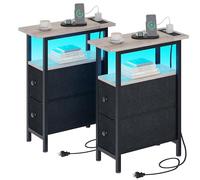 TRIFEBLE Juego de 2 mesas auxiliares con estación de carga, mesa auxiliar estrecha con 2 cajones de tela, mesita de noche delgada con luz LED, mesita de noche delgada para dormitorio, sala de estar
