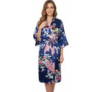 TRIFOLIUM Kimono - Bata Satén con Estampado Pavo Real y Flores Kimono Azul Marino Etiqueta de fábrica M Talla 42-44 (NG8701-M-NV-1PC)