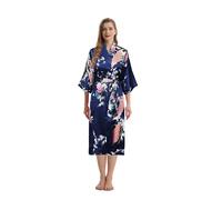 TRIFOLIUM Kimono - Bata Satén con Estampado Pavo Real y Flores Kimono Azul Marino Etiqueta de fábrica XL Talla 50-52 (NG8701-XL-NV-1PC)