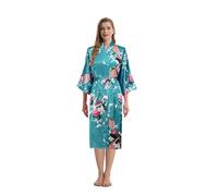 TRIFOLIUM Kimono - Bata Satén con Estampado Pavo Real y Flores Kimono Azul Verdoso Etiqueta de fábrica M Talla 42-44 (NG8701-M-TealBL-1PC)