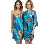TRIFOLIUM Kimono - Bata Satén con Estampado Pavo Real y Flores Kimono + Camiseta Azul Cielo Etiqueta de fábrica XL Talla 50-52 (NG8701-XL-SBL-2PC)