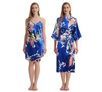 TRIFOLIUM Kimono - Bata Satén con Estampado Pavo Real y Flores Kimono + Camiseta Azul Real Etiqueta de fábrica XL Talla 50-52 (NG8701-XL-RBL-2PC)
