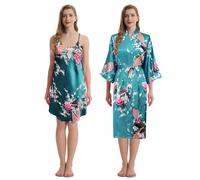 TRIFOLIUM Kimono - Bata Satén con Estampado Pavo Real y Flores Kimono + Camiseta Azul Verdoso Etiqueta de fábrica L Talla 46-48 (NG8701-L-TealBL-2PC)