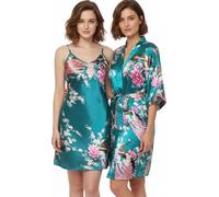 TRIFOLIUM Kimono - Bata Satén con Estampado Pavo Real y Flores Kimono + Camiseta Azul Verdoso Etiqueta de fábrica M Talla 42-44 (NG8701-M-TealBL-2PC)