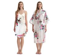TRIFOLIUM Kimono - Bata Satén con Estampado Pavo Real y Flores Kimono + Camiseta Blanco Etiqueta de fábrica XL Talla 50-52 (NG8701-XL-WT-2PC)