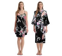 TRIFOLIUM Kimono - Bata Satén con Estampado Pavo Real y Flores Kimono + Camiseta Negro Etiqueta de fábrica L Talla 46-48 (NG8701-L-BK-2PC)