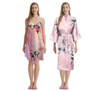 TRIFOLIUM Kimono - Bata Satén con Estampado Pavo Real y Flores Kimono + Camiseta Rosa Bebé Etiqueta de fábrica S Talla 38-40 (NG8701-S-LPK-2PC)