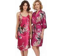 TRIFOLIUM Kimono - Bata Satén con Estampado Pavo Real y Flores Kimono + Camiseta Rosa Intenso Etiqueta de fábrica S Talla 38-40 (NG8701-S-HPK-2PC)