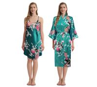 TRIFOLIUM Kimono - Bata Satén con Estampado Pavo Real y Flores Kimono + Camiseta Turquesa Etiqueta de fábrica XL Talla 50-52 (NG8701-XL-TQ-2PC)