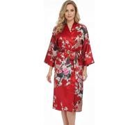 TRIFOLIUM Kimono - Bata Satén con Estampado Pavo Real y Flores Kimono Rojo Etiqueta de fábrica XS Talla 34-36 (NG8701-XS-RD-1PC)