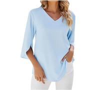 TRIGLICOLEUM Blusa de gasa para mujer, monocolor, cuello de pico, elegante, para verano, media manga, jersey para adolescentes, niñas, camiseta holgada, túnica, camiseta ligera, azul celeste, S
