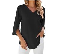 TRIGLICOLEUM Blusa de gasa para mujer, monocolor, cuello de pico, elegante, para verano, media manga, jersey para adolescentes, niñas, camiseta holgada, túnica, camiseta ligera, Negro , XXL