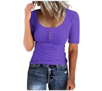 TRIGLICOLEUM Camiseta acanalada ajustada para mujer, cuello redondo, jersey monocolor, corte ajustado, blusa de verano, manga corta, sexy, camiseta básica, elástica, camiseta informal, blusa, azul