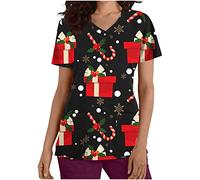 TRIGLICOLEUM Hospital Camisa Mujer Navidad Casaca Casaca Cuello en V Manga Corta Ropa de trabajo Ropa Uniformes Enfermera Uniformes Jersey de Navidad con Bolsillos