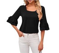 TRIGLICOLEUM Jersey para mujer, elegante, monocolor, blusa de media manga, cuello cuadrado, camiseta de corte regular, camiseta de algodón, con volantes, patchwork, cómoda, blusas, fiestas, tops,