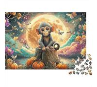 Trillizos Monos Puzzle 1000 Piezas Adultos Mono Luna Calabazas Mariposas Premium Grueso Vibrante Desafiante Alivio Estrés Juego Familiar Regalo 52x38cm