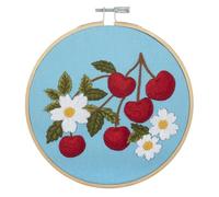 Trimits Kit de bordado con bastidor: diseño de cerezas sobre tela de algodón preimpresa (25 x 25 cm) con base de fieltro, hilo, aguja e instrucciones
