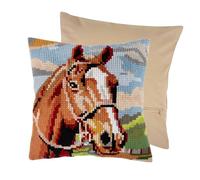 Trimits Kit de cojín de punto de cruz, parte trasera de cojín incluida, lienzo preimpreso, hilo y aguja incluidos, 40 x 40 cm, marrón caballo
