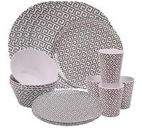 Trimming Shop 16 Piezas Melamina Cena Juego Platos, Platos de Postre, Bols & Tazas Geométrico Diseño Fiesta Vajilla Servicio para 4 Reutilizable Set de Vajilla para Interior,Exterior,Picnic,Camping