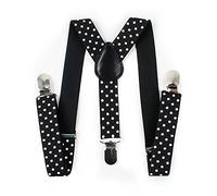 Trimming Shop 25mm Ajustable Delgado Unisex Hombre Mujer Elástico Pantalones con Tirantes con Clip para Disfraz (Negro con Blanco Lunares)