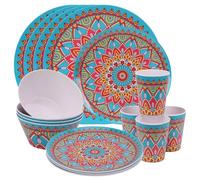 Trimming Shop Juego de vajilla de melamina de 16 piezas, platos, platos de postre, cuencos y tazas, juego de vajilla marroquí | Servicio para 4 | Juego de vajilla reutilizable para interior/exterior